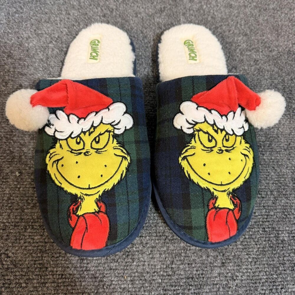 Grinch Slippers Mens Size 10 Blue Plaid Christmas Mule Faux Fur Santa Dr Seuss
